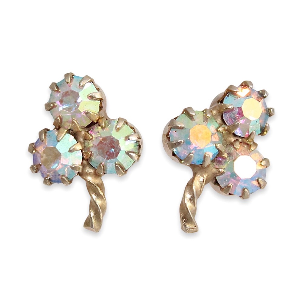 Vintage Aurora Borealis Rhinestone Stud Earrings Three Stone Clover / Shamrock